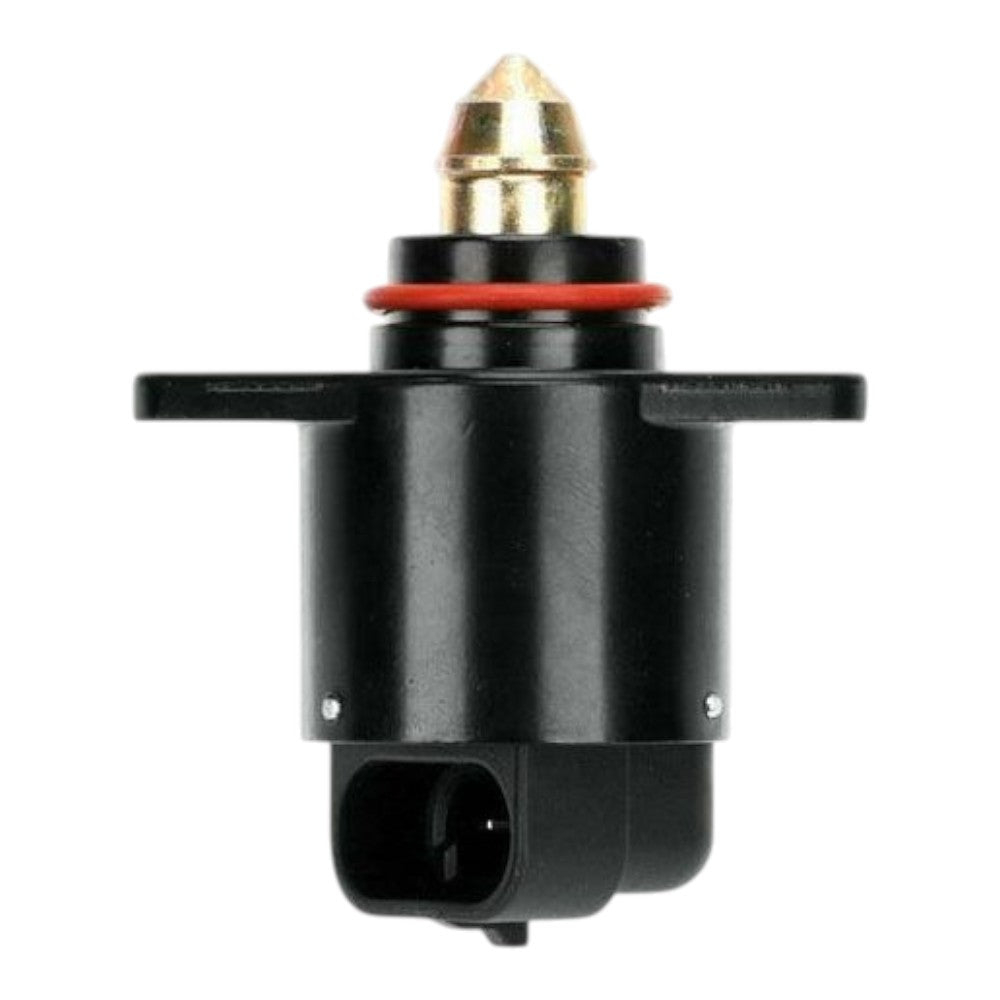 A black automotive solenoid valve with a brass-colored tip, a red O-ring, and a plastic connector housing, shown on a plain white background.