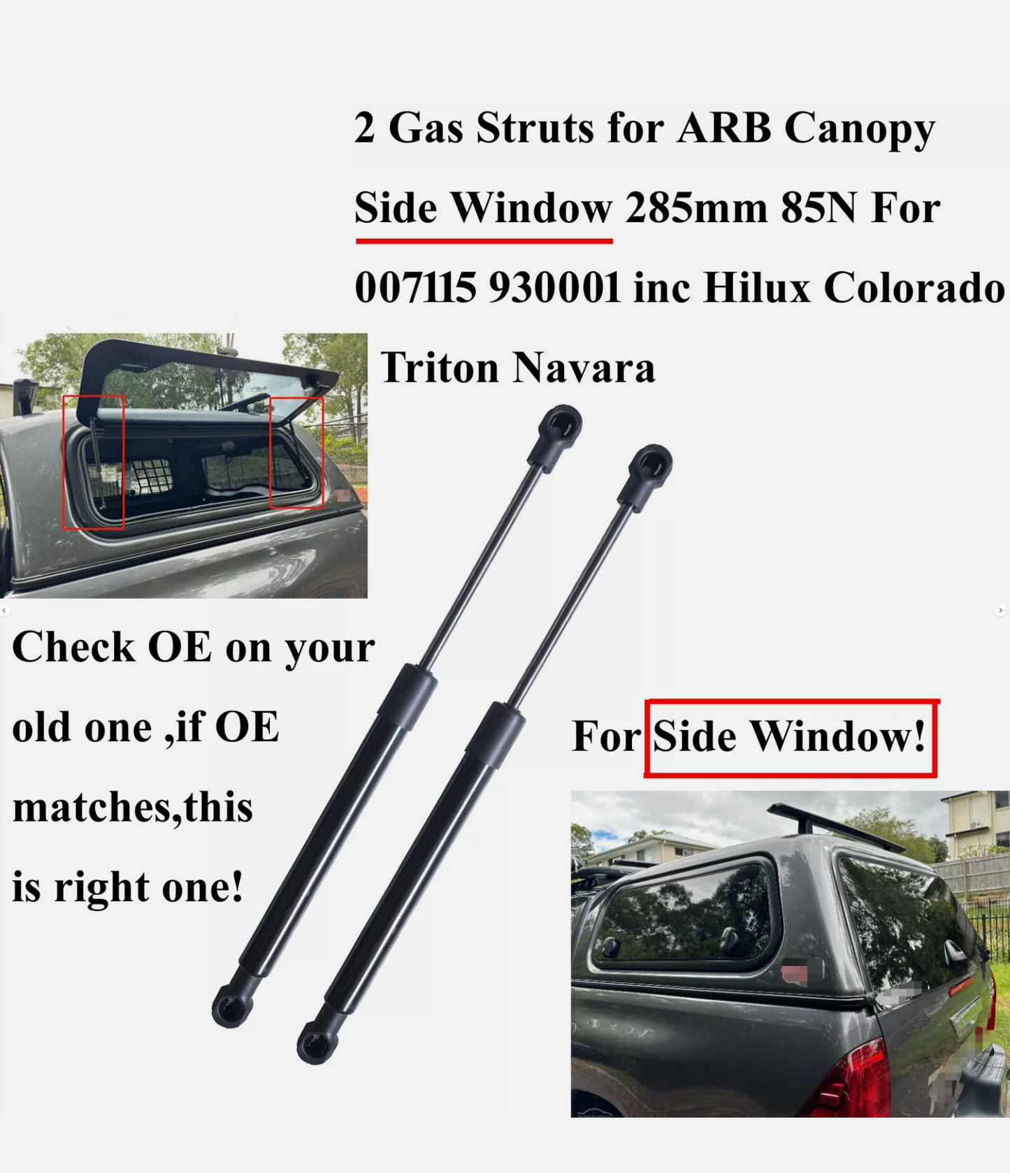 Gas Struts for ARB / Beaut Ute Canopy Side Windows – 285mm | 130N | Replaces Stabilus 007115 / 6603030 | Pair - Partzo